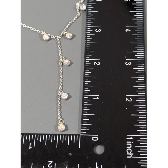 Silver Tone Aurora Borealis Rhinestone Charm Y-Drop Necklace Dainty 18" - Picture 8 of 8